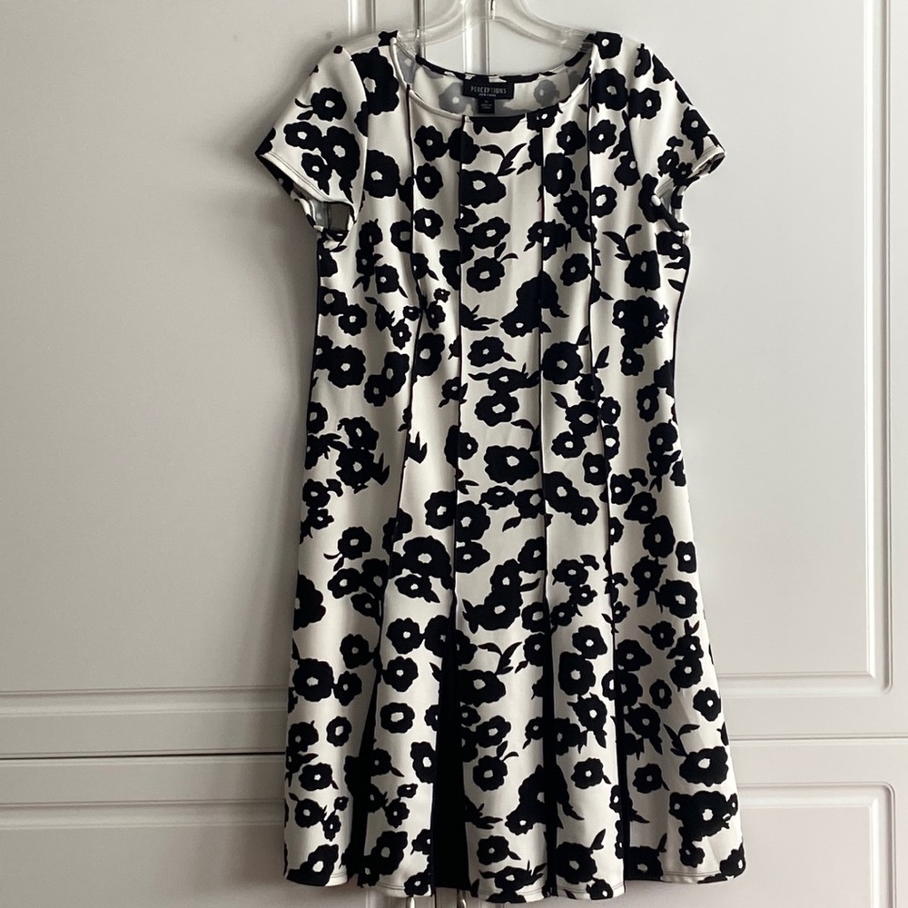 Black and White Floral Dress with Contrasting Black Pleats